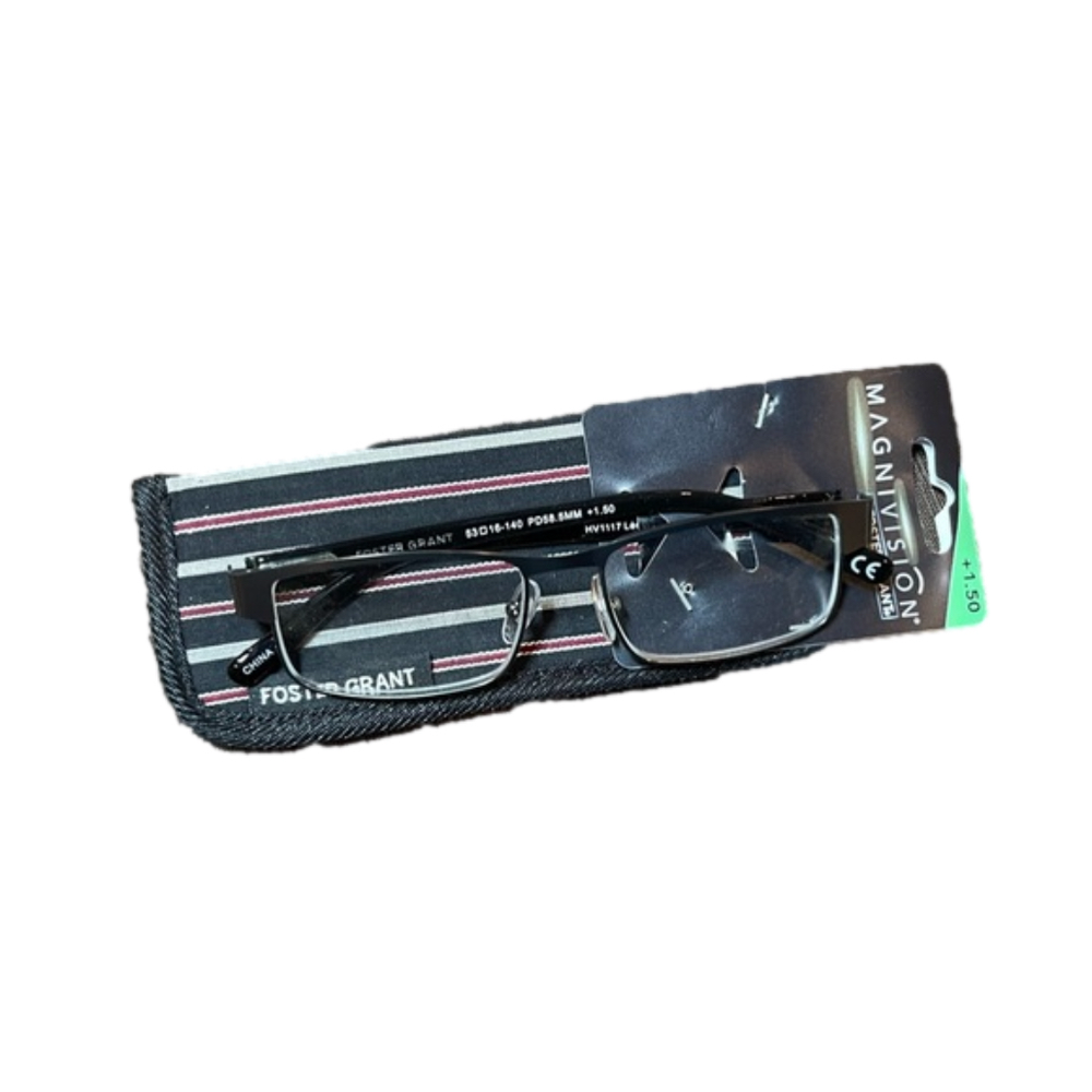FOSTER GRANT MAGNIVISION metal frame reading glasses w/pouch. NEW. +1.50